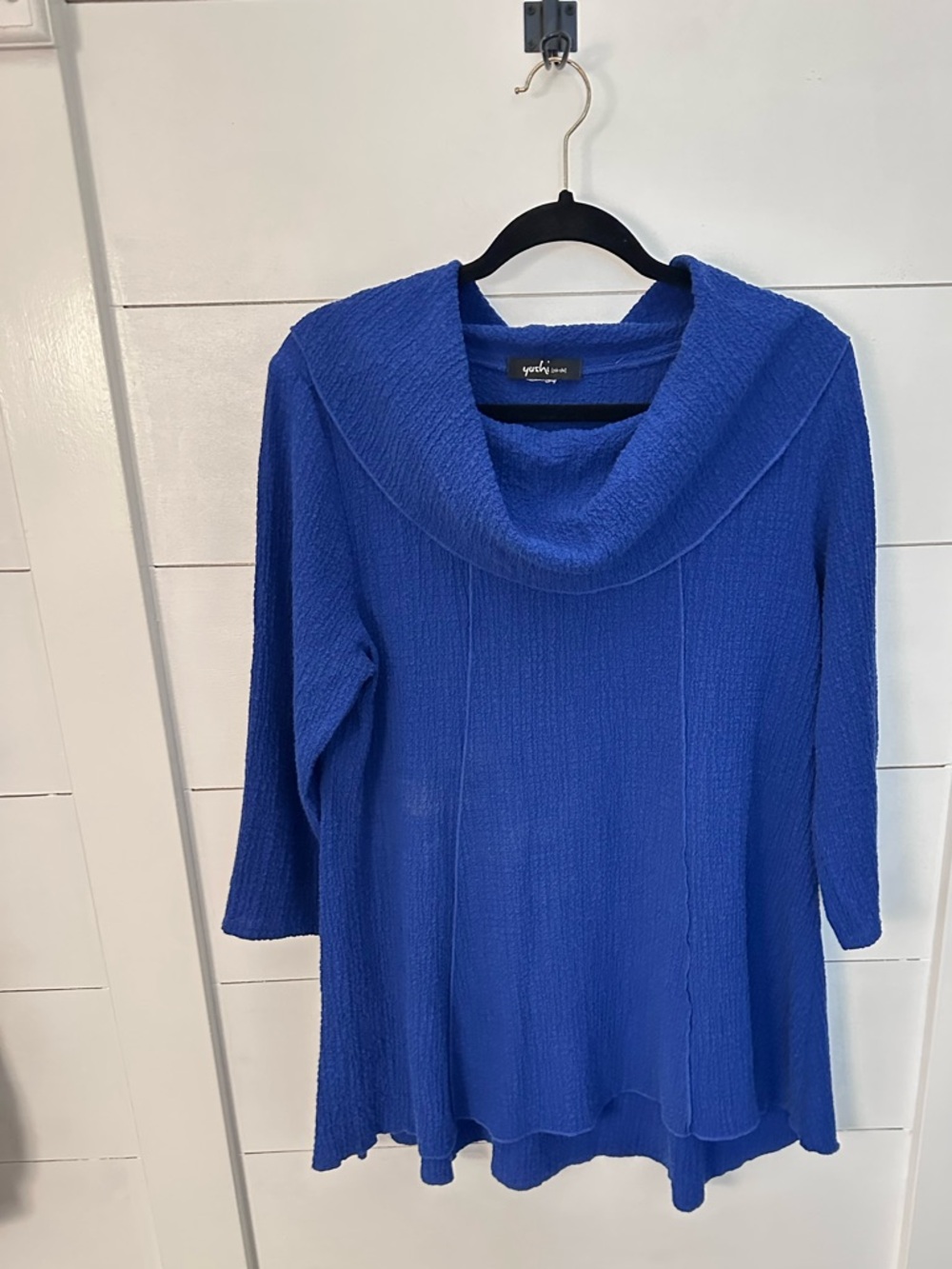 Yushi L Blue Textured Tunic Top Cowl Neck 3/4 Sleeve Flowy Stretch old money
